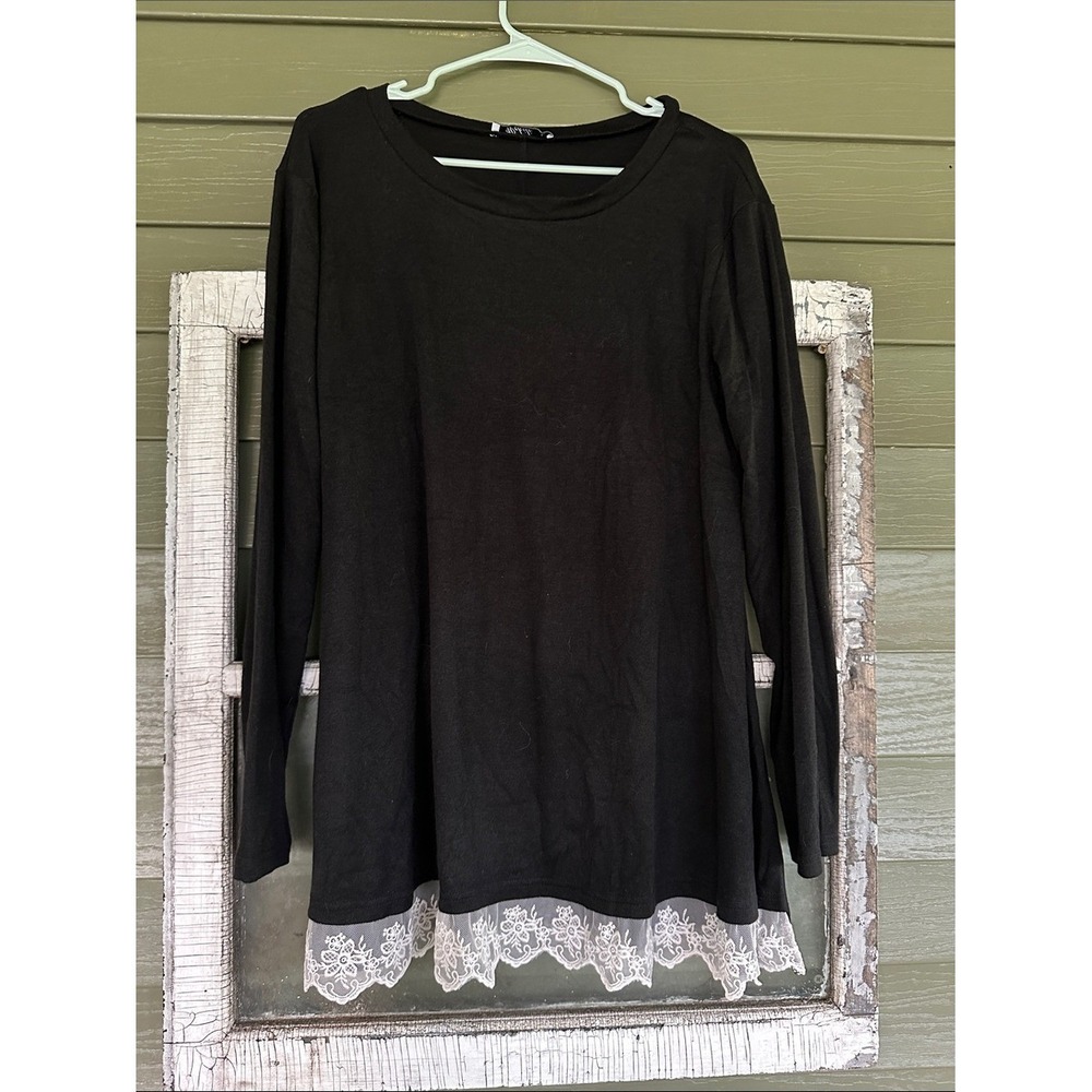 Wekili Womens Black Long Sleeve Tunic‎ Top White Lace Trim Hem Crew Neck Large